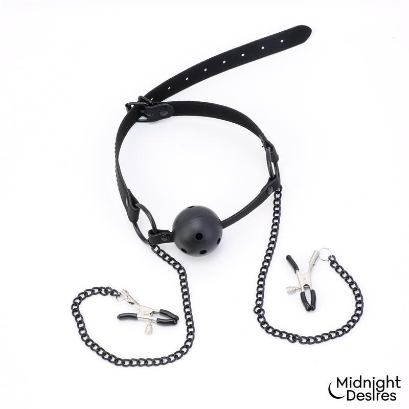Ball Gag with Nipple Clamps
