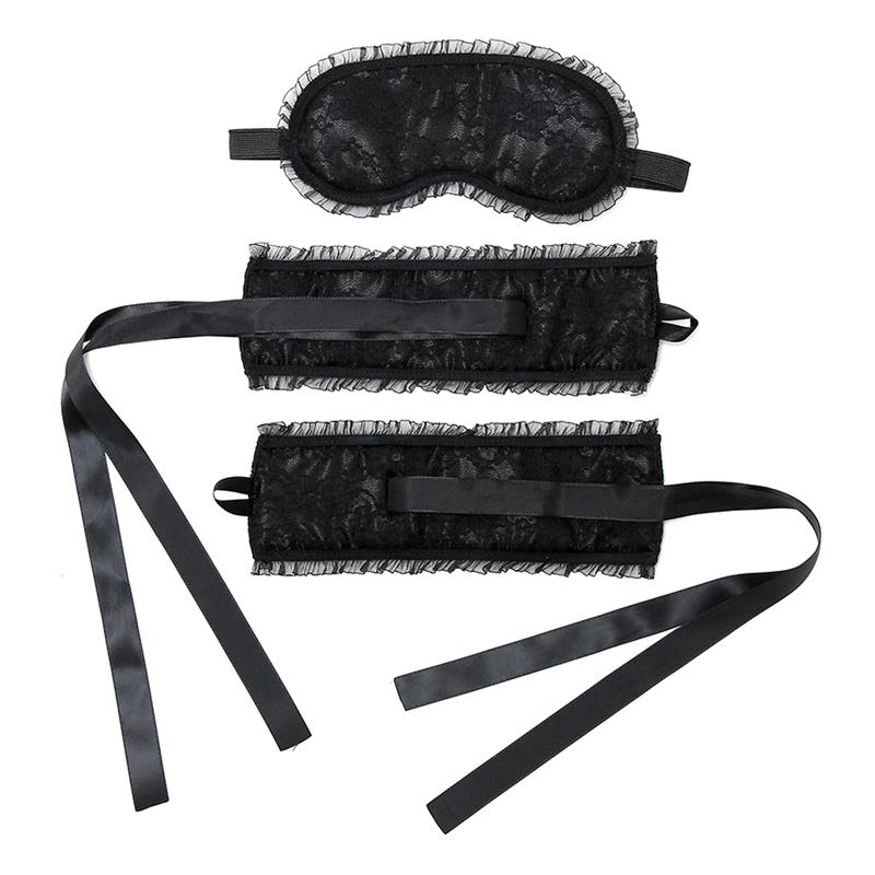 Bondage Satin Look Handcuffs with Mask Black